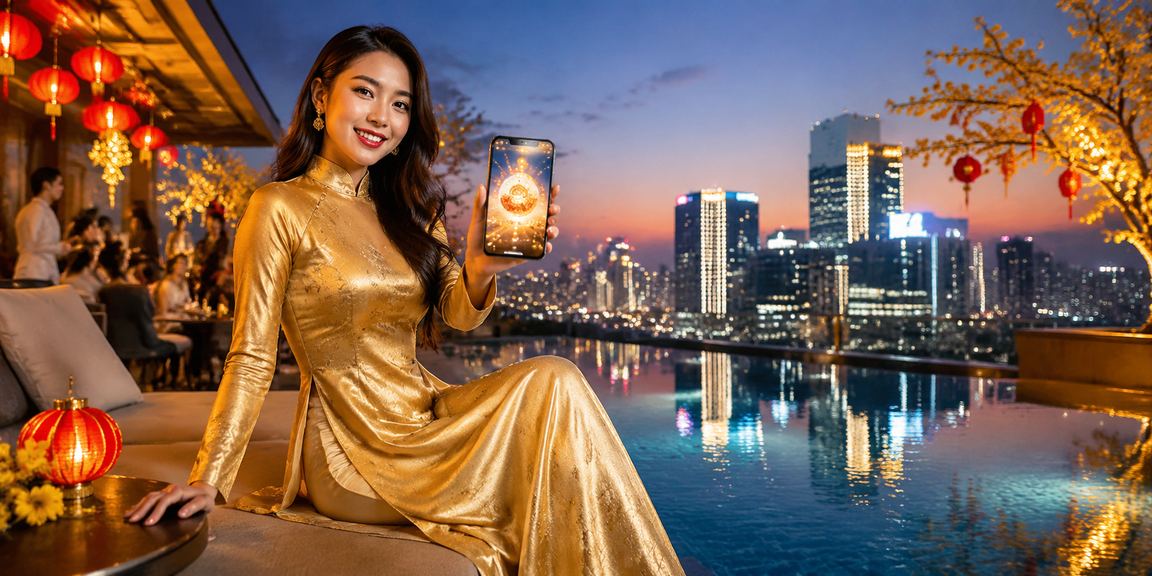 Cô gái Hà Nội mặc áo dài xem kết quả xổ số trực tuyến trên điện thoại