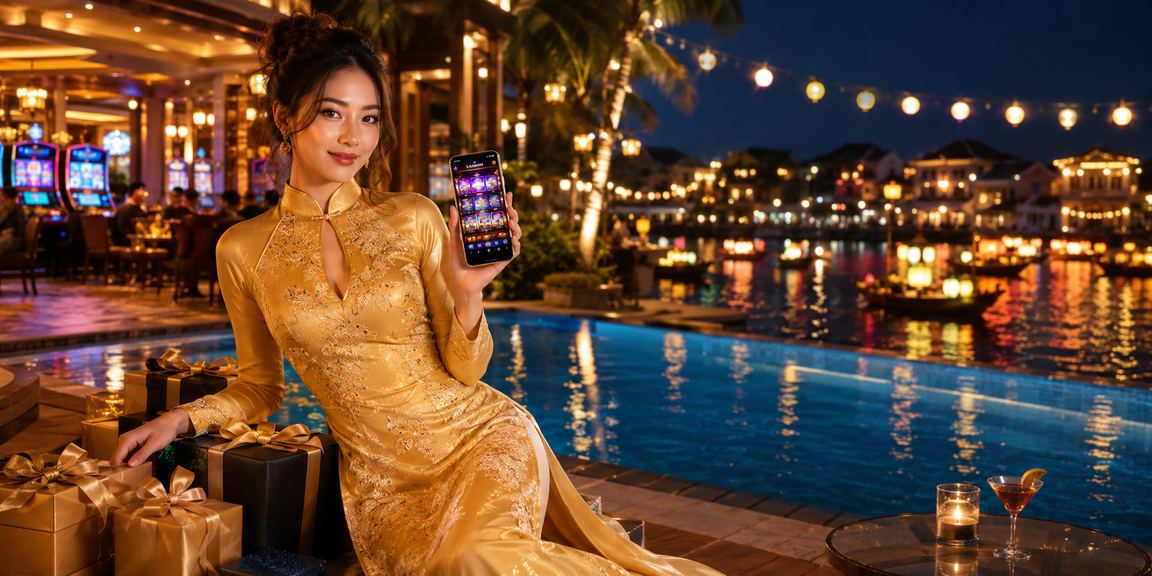 Người dùng Hội An trải nghiệm ứng dụng casino và giao dịch thanh toán trong trang phục áo dài